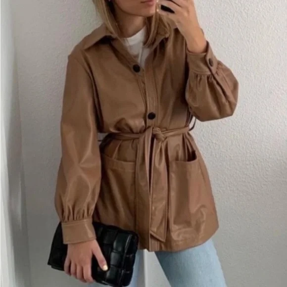 ZARA Faux Leather Belted Overshirt - Picture 9 of 10